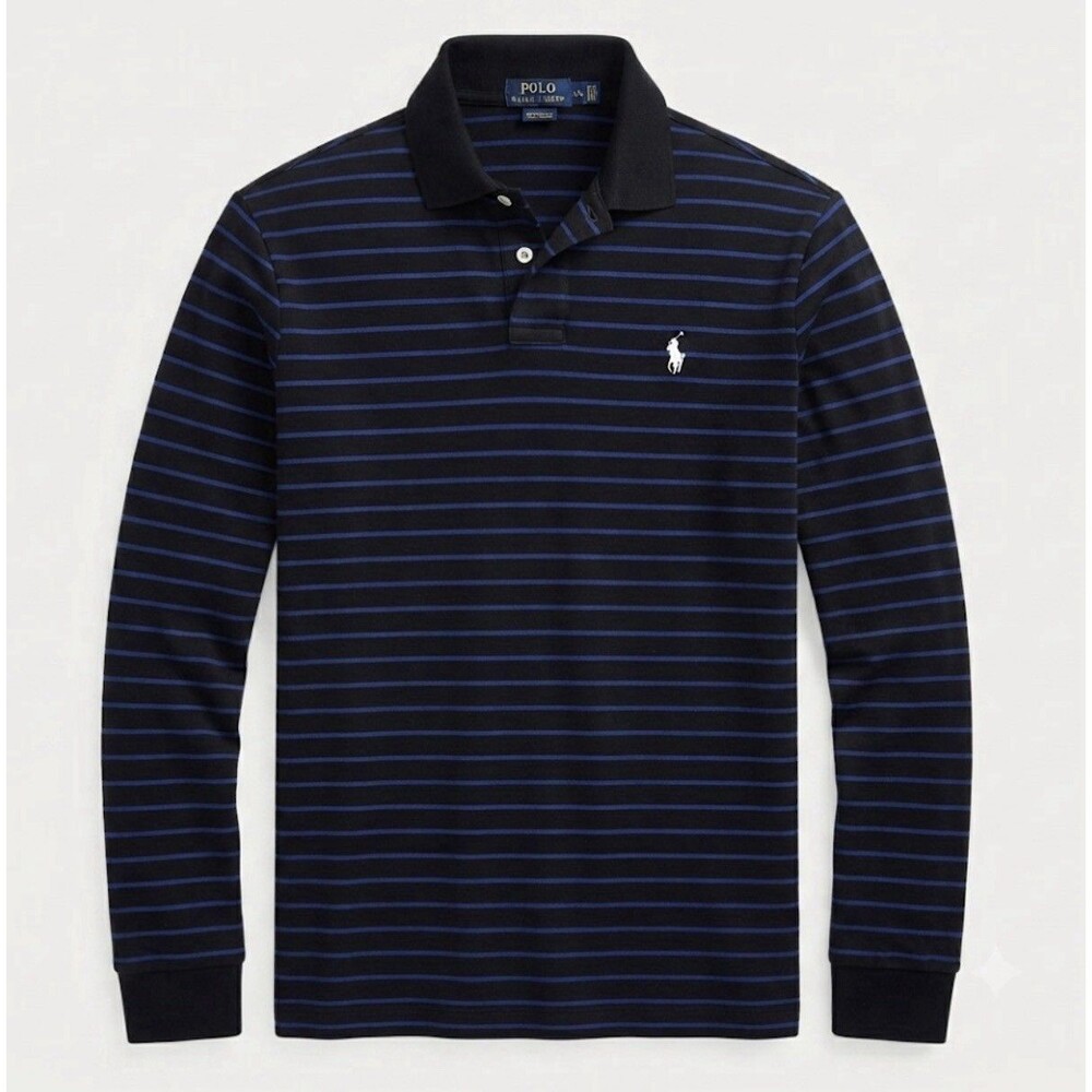 Polo Ralph Lauren Men's L Long Sleeve Striped Black 100% Cotton Polo Shirt